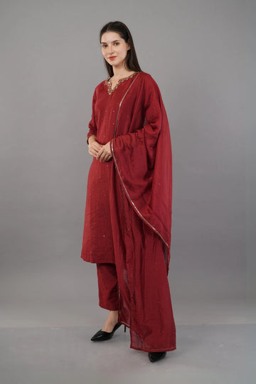 Ruby Red Hand Embroidered Kurta Suit with Dupatta