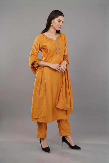 Yellow Mandarin Hand Embroidered Kurta suit with Dupatta