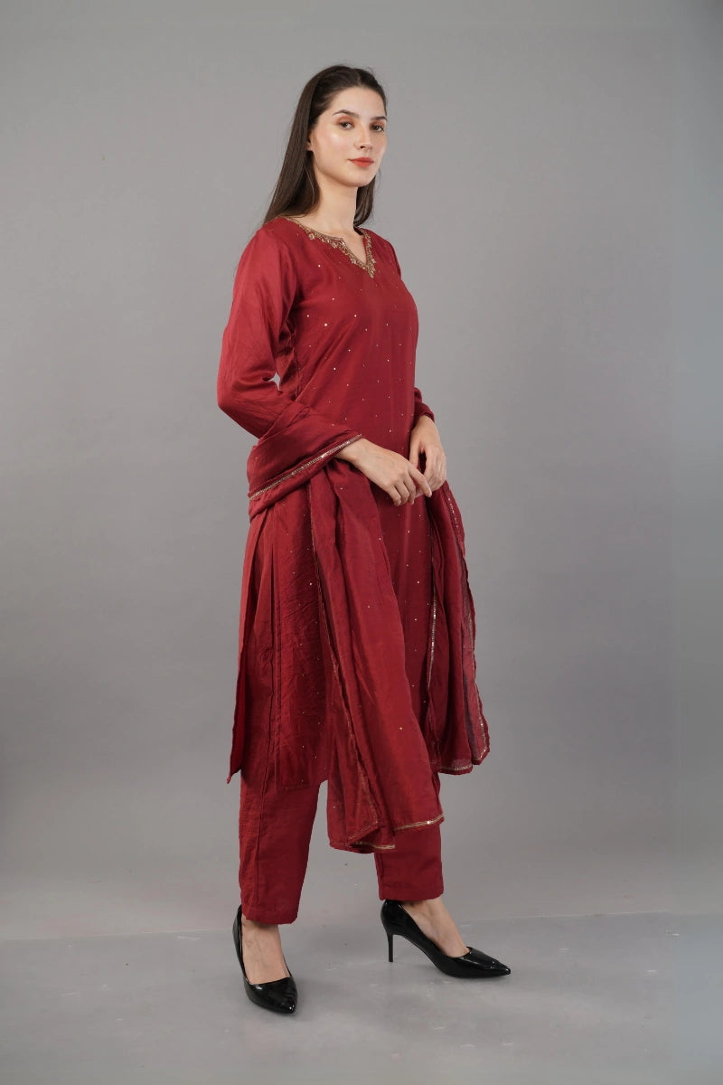 Ruby Red Hand Embroidered Kurta Suit with Dupatta