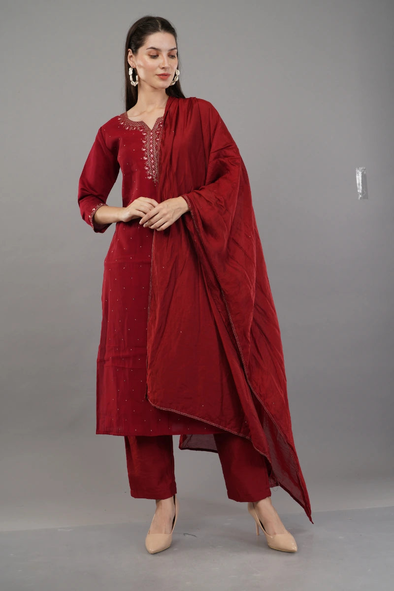 Scarlet Red Hand Embroidered Kurta Suit with Dupatta