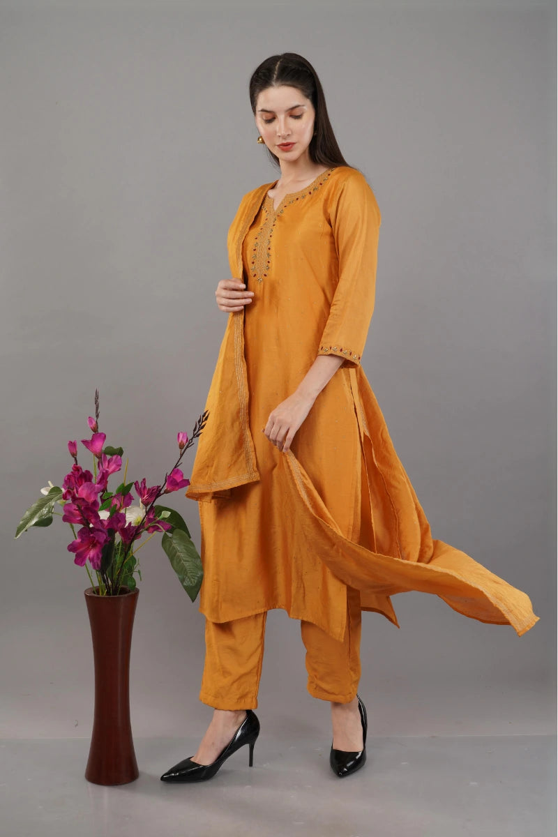 Yellow Mandarin Hand Embroidered Kurta suit with Dupatta